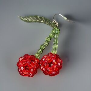 VTG Red Cherries Large Dangle Earrings Pin Up Fruit Beads